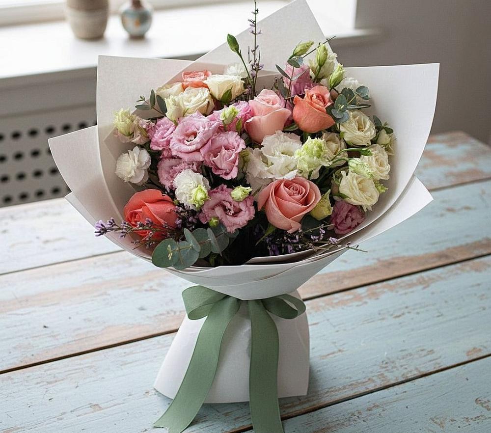 Букет цветов из: Розы, Лизиантусы и Гвоздики в Ильинское