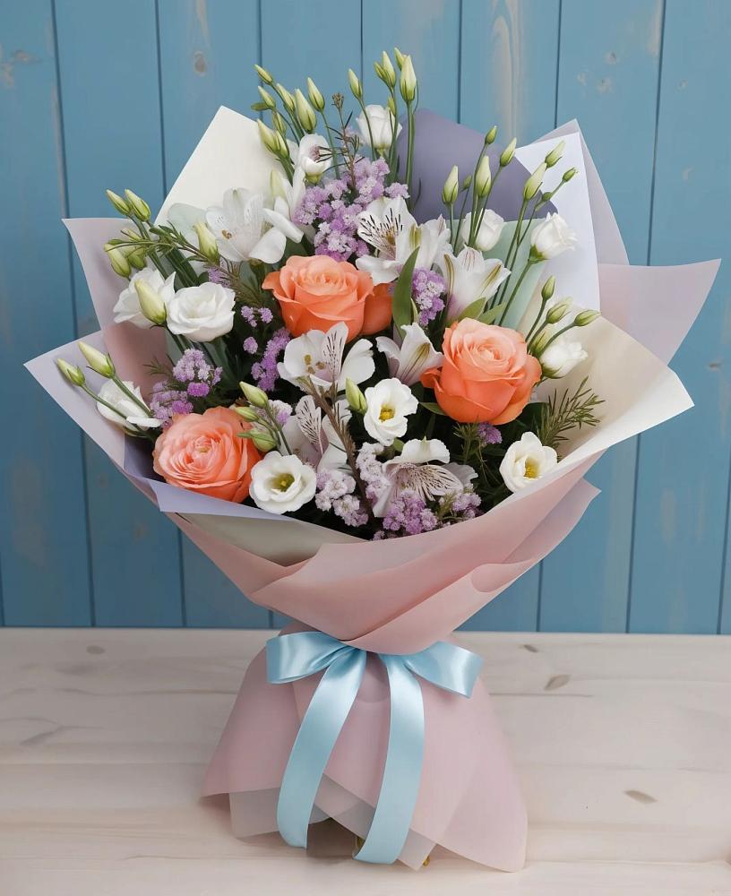 Букет цветов из: Лизиантусы, Розы, Альстромерии и Гипсофила в Ильинское