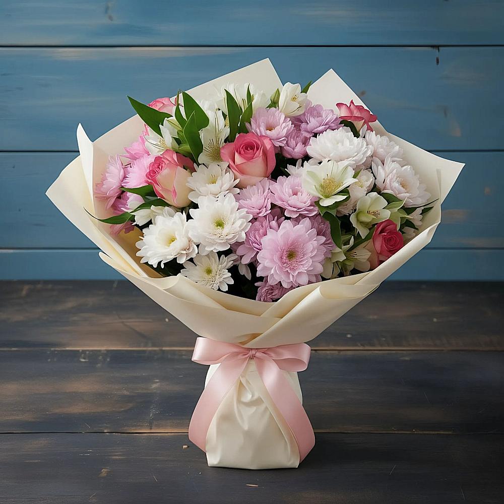 Букет цветов из: Хризантемы, Альстромерии и Розы в Ильинское